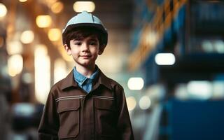 ai generato bambini indossare ingegneria uniformi nel un' fabbrica controllo macchinari futuro carriera sognare concetto foto