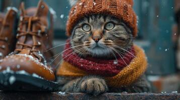 ai generato un' gatto nel un' inverno cappello e sciarpa nel il pomeriggio nel inverno su il strada vicino il proprietari scarpe foto
