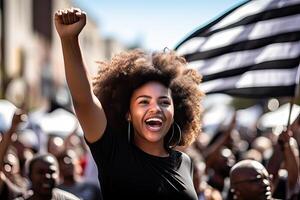 ai generato un' giovane determinato africano americano attivista donna tra folla, positivo, orgoglioso e fiducioso, foto