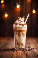 ai generato buongustaio buio cioccolato frappè con marshmallow foto