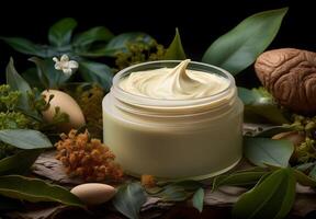 ai generato naturale cosmetico crema vaso su un' vecchio legna tavolo con le foglie e fiore foto