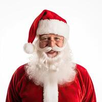 ai generato Santa Claus viso ritratto con barba e cappello su un' bianca sfondo. nuovo anno e Natale concetto. foto