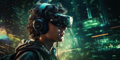 ai generato un' giovane uomo indossare vr cuffia, giocando con il suo occhiali nel un' futuristico informatica mondo, virtuale foto