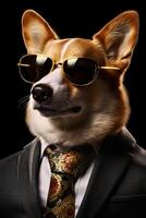 ai generato cane, corgi vestito nel un elegante moderno floreale completo da uomo. moda ritratto di un antropomorfo animale, foto