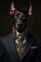 ai generato cane doberman vestito nel un elegante completo da uomo con un' simpatico legare. moda ritratto di un antropomorfo foto