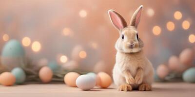 ai generato Pasqua coniglietto su sfocato sfondo nel di moda pesca fuzz colore. elegante fondale per vacanza striscioni, manifesti, carte. contento Pasqua concetto foto