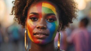 ai generato ritratto di contento africano- americano donna con arcobaleno dipinto su viso. stile di vita LGBTQ orgoglio concetto foto