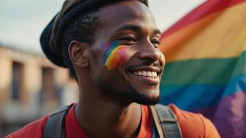 ai generato ritratto di contento africano americano uomo con arcobaleno dipinto su viso. stile di vita LGBTQ orgoglio concetto foto