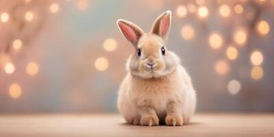 ai generato Pasqua coniglietto su sfocato sfondo nel di moda pesca fuzz colore. elegante fondale per vacanza striscioni, manifesti, carte. contento Pasqua concetto foto