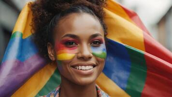 ai generato ritratto di contento africano- americano donna con arcobaleno dipinto su viso. stile di vita LGBTQ orgoglio concetto foto