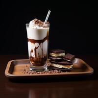 ai generato buongustaio buio cioccolato frappè con marshmallow foto