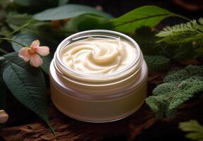 ai generato naturale cosmetico crema vaso su un' vecchio legna tavolo con le foglie e fiore foto