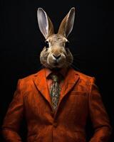 ai generato coniglio vestito nel un elegante moderno arancia completo da uomo, cravatta e occhiali. moda ritratto di un foto