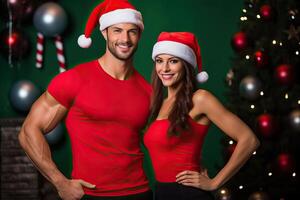 ai generato un' sportivo coppia uomo donna indossare padre Natale Santa cappello. vacanza salutare stile di vita, su festivo foto