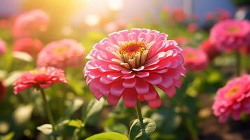 ai generato fiorire lilla zinnia fiore su un' verde sfondo su un' estate giorno macro fotografia. foto