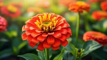 ai generato fiorire lilla zinnia fiore su un' verde sfondo su un' estate giorno macro fotografia. foto