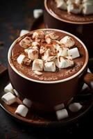 ai generato buongustaio buio cioccolato frappè con marshmallow foto