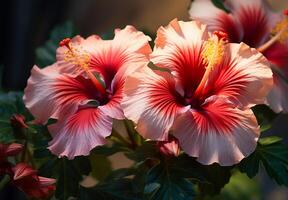 ai generato ibisco fiore meravigliosamente fiorito con naturale sfondo foto