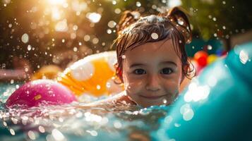 ai generato un' gen alfa bambino godendo un' piscina giorno con colorato floaties e giocattoli. foto