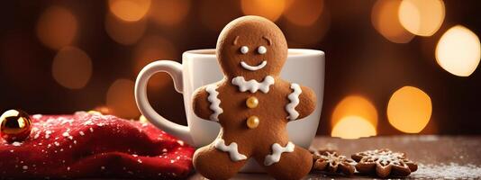 ai generato Pan di zenzero uomo biscotto nel un' tazza di caldo cioccolato o boccale cacao, Natale bokeh luci, natale cibo, foto