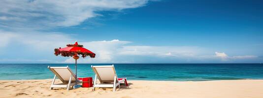 ai generato Natale spiaggia sedia salotti con Santa cappelli a mare, oceano sabbioso tropicale spiaggia, natale viaggio foto