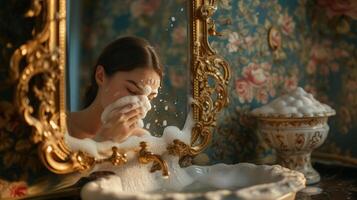 ai generato donna detergente sua viso nel un' vittoriano bagno con floreale sfondo foto