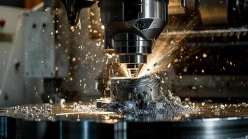 ai generato precisione lavorazione dei metalli con cnc fresatura macchina e volante trucioli foto