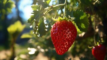 ai generato fragola su il terra con acqua gocce. selettivo messa a fuoco. foto