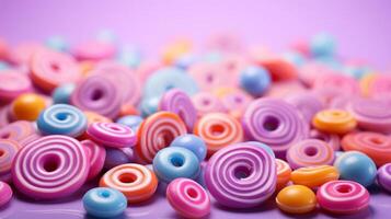 ai generato colorato caramelle su viola sfondo. superficiale gdl. foto