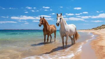 ai generato Due cavalli in piedi su il sabbioso spiaggia foto