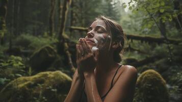 ai generato un' donna risciacquo sua viso con schiumogeno lavare nel un' sereno foresta. foto