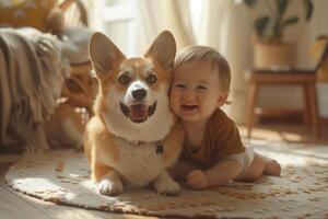 ai generato il corgi cane e suo poco ragazzo proprietario siamo lato di lato, loro facce traboccante con Sorridi e felicità, nel un' caldo e confortevole vivente camera atmosfera foto