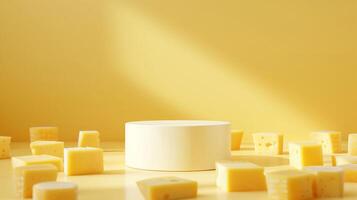 ai generato vuoto bianca podio su pallido giallo sfondo con un' lotto di formaggio per cibo Prodotto presentazione foto