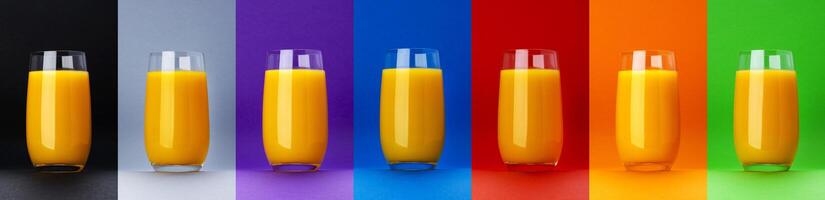 bicchiere di arancia succo isolato su diverso colore sfondi foto