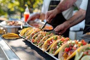 ai generato messicano tacos con manzo, pomodori, cipolle e altri su bianca sfondo foto