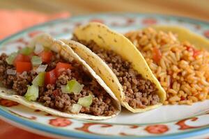 ai generato messicano tacos con manzo, pomodori, cipolle e altri su bianca sfondo foto