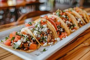 ai generato messicano tacos con manzo, pomodori, cipolle e altri su bianca sfondo foto