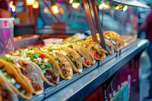 ai generato messicano tacos con manzo, pomodori, cipolle e altri su bianca sfondo foto