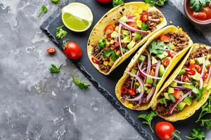 ai generato messicano tacos con manzo, pomodori, cipolle e altri su bianca sfondo foto