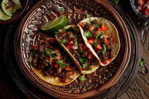 ai generato messicano tacos con manzo, pomodori, cipolle e altri su bianca sfondo foto