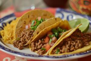 ai generato messicano tacos con manzo, pomodori, cipolle e altri su bianca sfondo foto