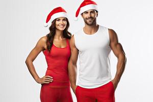 ai generato un' sportivo coppia uomo donna indossare padre Natale Santa cappello. vacanza salutare stile di vita, isolato su foto