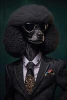 ai generato cane, nero barboncino, vestito nel un elegante moderno completo da uomo con un' simpatico sciarpa, indossare occhiali da sole. moda foto