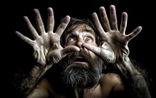ai generato umano Evoluzione un' barba uomo mostrando il suo mani con un' mutazione di sei dita foto