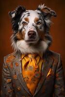 ai generato cane australiano pastore vestito nel un elegante completo da uomo con un' simpatico legare. moda ritratto di un foto