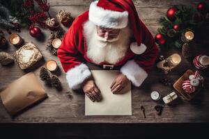 ai generato avvicinamento ritratto di sorridente Santa Claus si siede a il tavolo e scrive un' lettera per il figli, foto