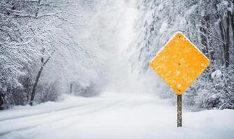 ai generato un' vuoto strada traffico cartello avvertimento di inverno guida condizioni su un' strada, inverno guida, neve e foto