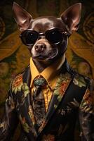 ai generato cane chihuahua vestito nel un elegante moderno completo da uomo con un' simpatico legare, indossare occhiali da sole e un' cap. foto