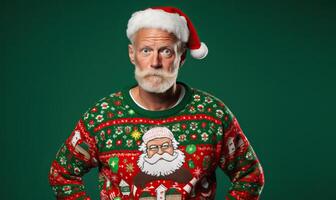 ai generato studio ritratto di moderno Santa Claus nel Natale brutto maglione, nel Santa cappello. barbuto uomo al di sopra di il foto