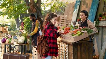 piccolo attività commerciale proprietario vendita fresco biologico prodotti a partire dal In piedi, parlando per cliente di salutare mangiare e Locale naturale verdure. femmina persona chiede mercato stalla titolare di bio prodotti. foto